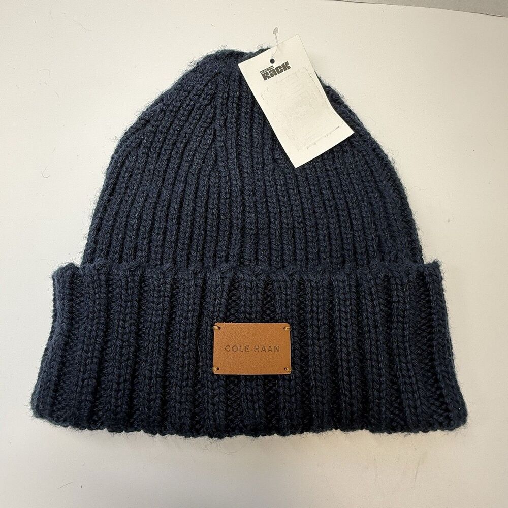 Cole Haan Chunky Knit Cuff Ribbed Beanie In Navy Blue New